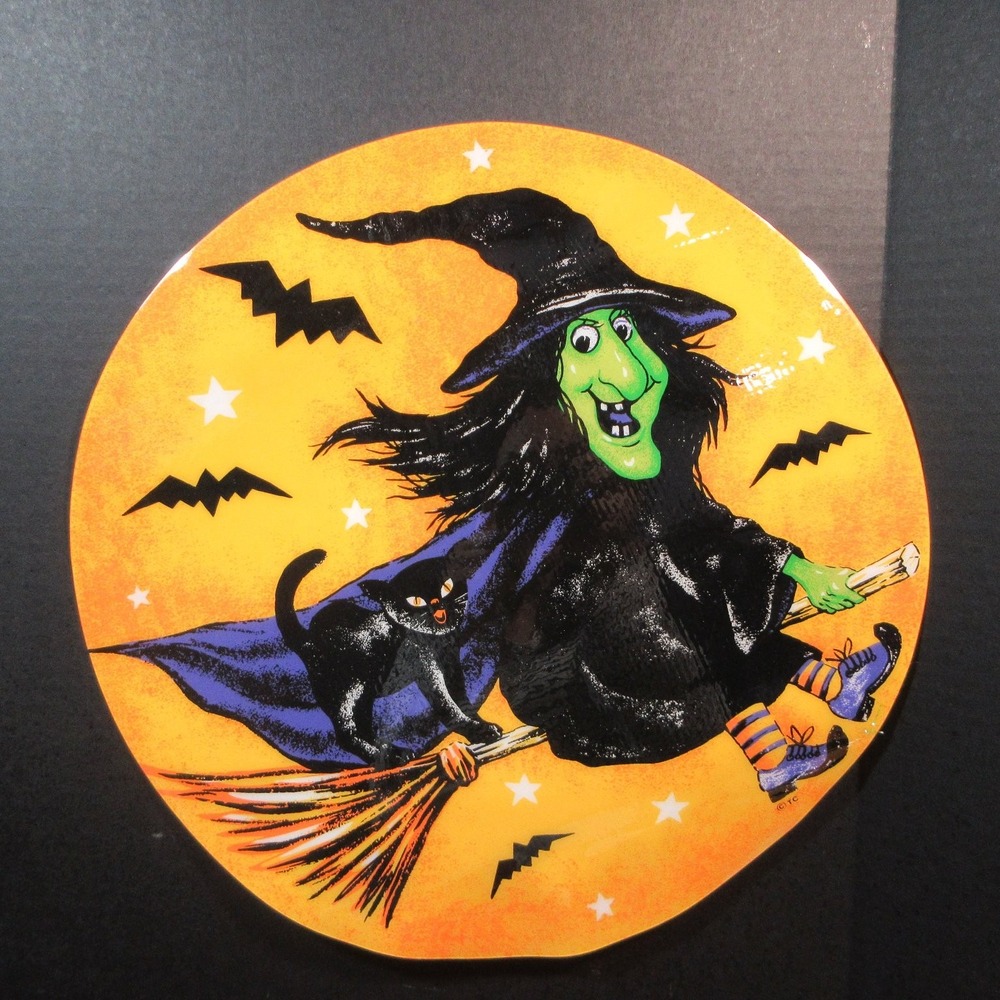 VTG Halloween Witch Black Cat Flying Broomstick Round Placemats Set of 2 Holiday